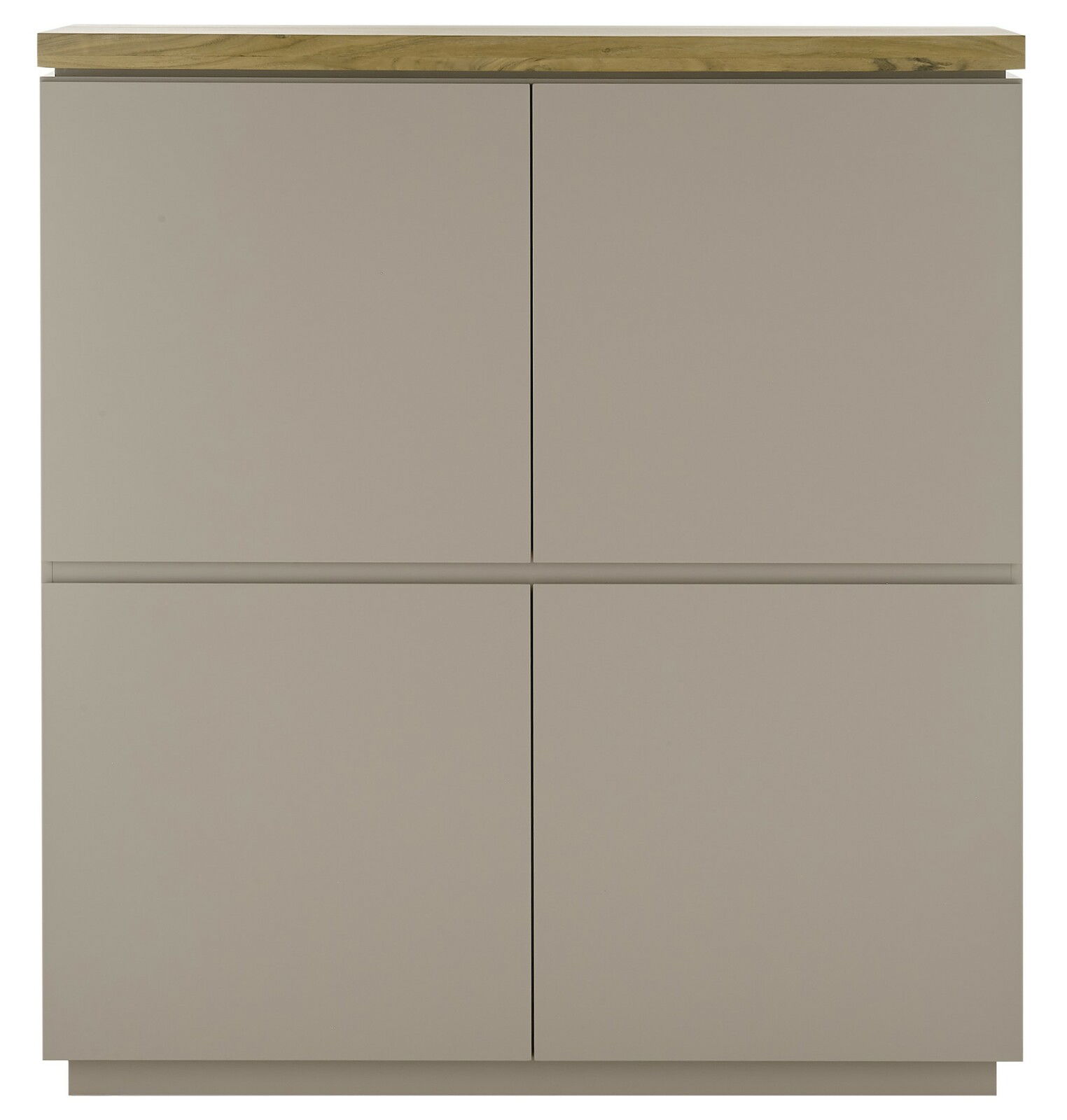 Frontansicht eines modernen Highboards mit vier Türen und einer Holzplatte oben.