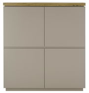 Frontansicht eines modernen Highboards mit vier Türen und einer Holzplatte oben.