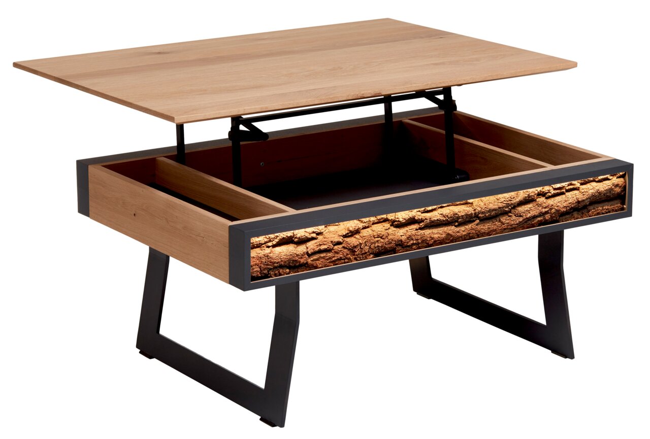 Moderne salontafel met opklapbaar tafelblad en ingebouwde lade, houtlook met decoratief schorspatroon aan de zijkant, zijaanzicht.