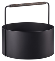 Schwarzer Feuerholz-Korb Ashi mit Holzgriff, seitliche Perspektive