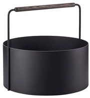 Schwarzer Feuerholz-Korb Ashi mit Holzgriff, seitliche Perspektive