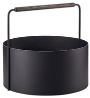 Schwarzer Feuerholz-Korb Ashi mit Holzgriff, seitliche Perspektive