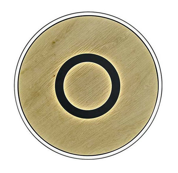 Runde LED-Deckenleuchte mit Holzoptik und schwarzem Ring, Ansicht von unten