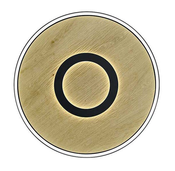 Runde LED-Deckenleuchte mit Holzoptik und schwarzem Ring, Ansicht von unten