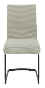 Frontansicht eines modernen Schwingstuhls mit hellgrauem, geripptem Stoffbezug und schwarzem Metallgestell.