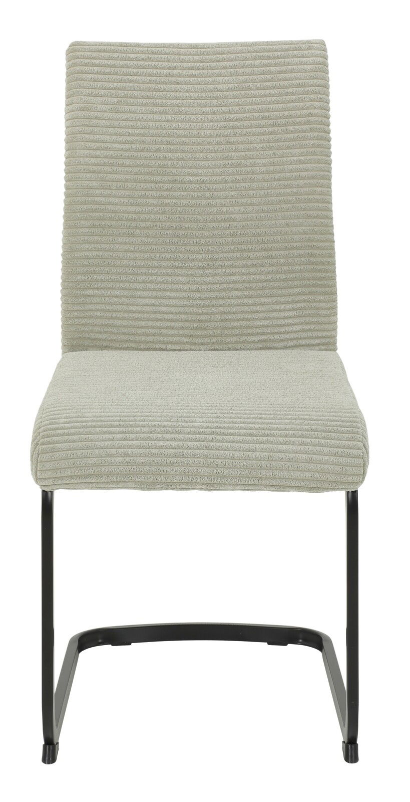 Frontansicht eines modernen Schwingstuhls mit hellgrauem, geripptem Stoffbezug und schwarzem Metallgestell.