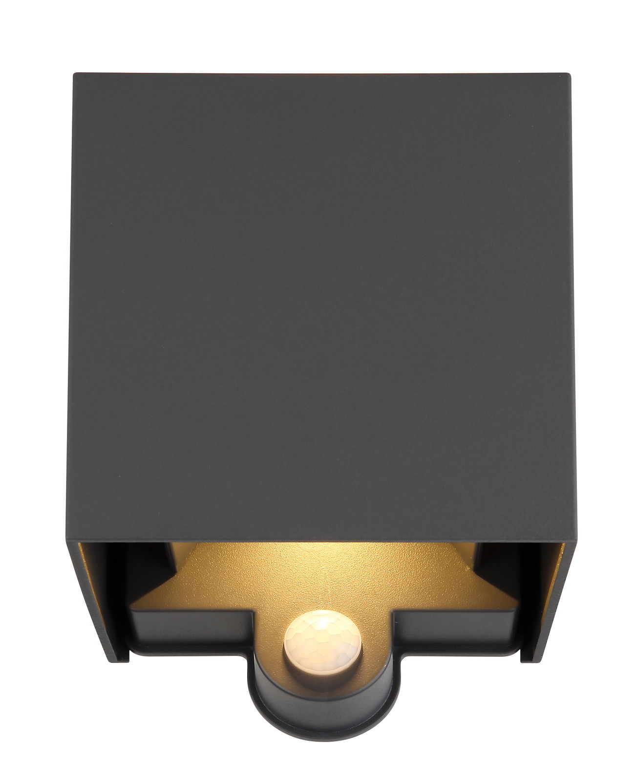 Moderne LED-Außenwandleuchte in quadratischer Form, frontal abgebildet, mit schwarzem Gehäuse und integriertem Sensor.