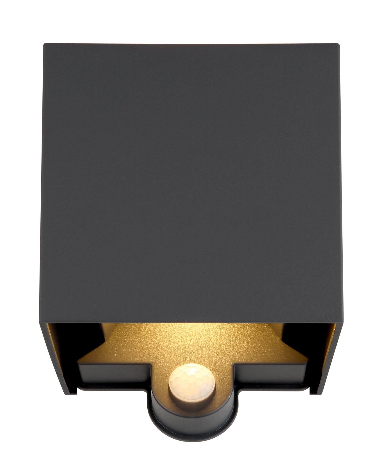 Moderne LED-buitenwandlamp in vierkante vorm, hier van voren afgebeeld, met een zwarte behuizing en een ingebouwde sensor.