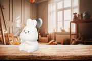 Niedliches Akku-Nachtlicht in Form eines sitzenden Hasen, frontal fotografiert, auf einem Holztisch in einem gemütlichen Kinderzimmer.