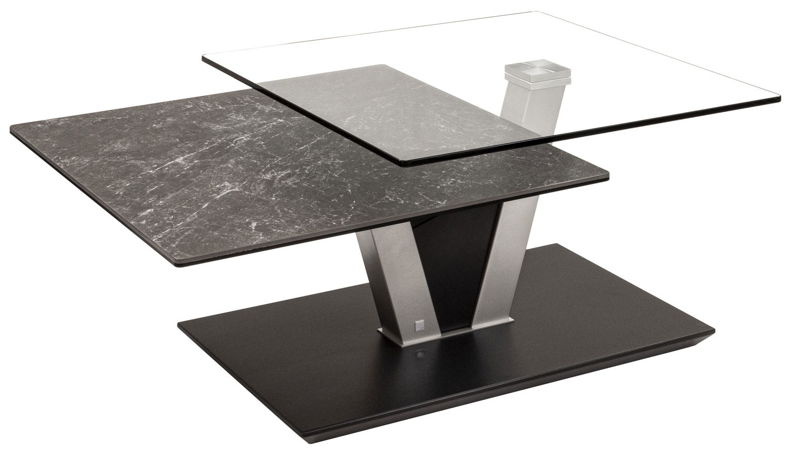 Moderner Couchtisch mit zwei versetzten Tischplatten aus Glas und Marmoroptik, seitliche Perspektive