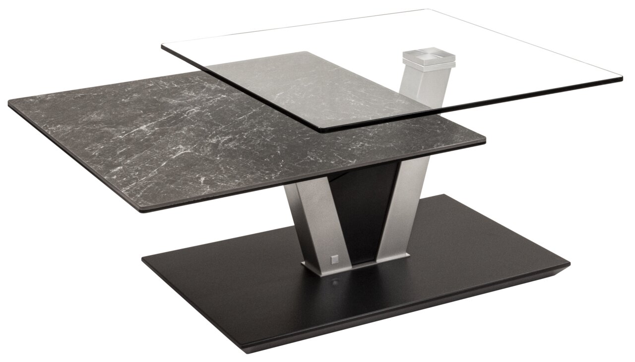 Moderner Couchtisch mit zwei versetzten Tischplatten aus Glas und Marmoroptik, seitliche Perspektive