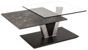 Moderner Couchtisch mit zwei versetzten Tischplatten aus Glas und Marmoroptik, seitliche Perspektive