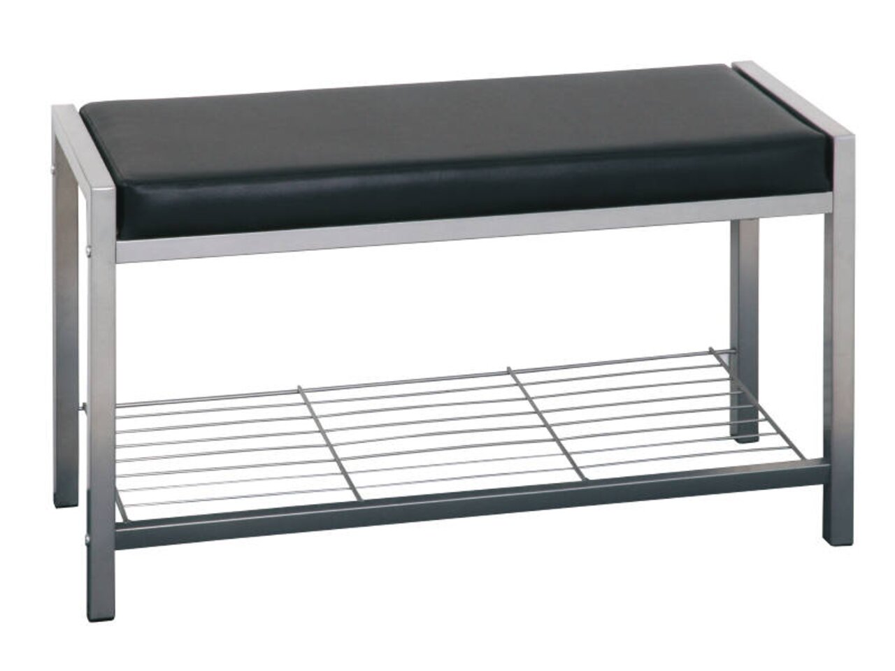 Garderobenbank mit schwarzem Sitzpolster und Metallrahmen, seitliche Perspektive