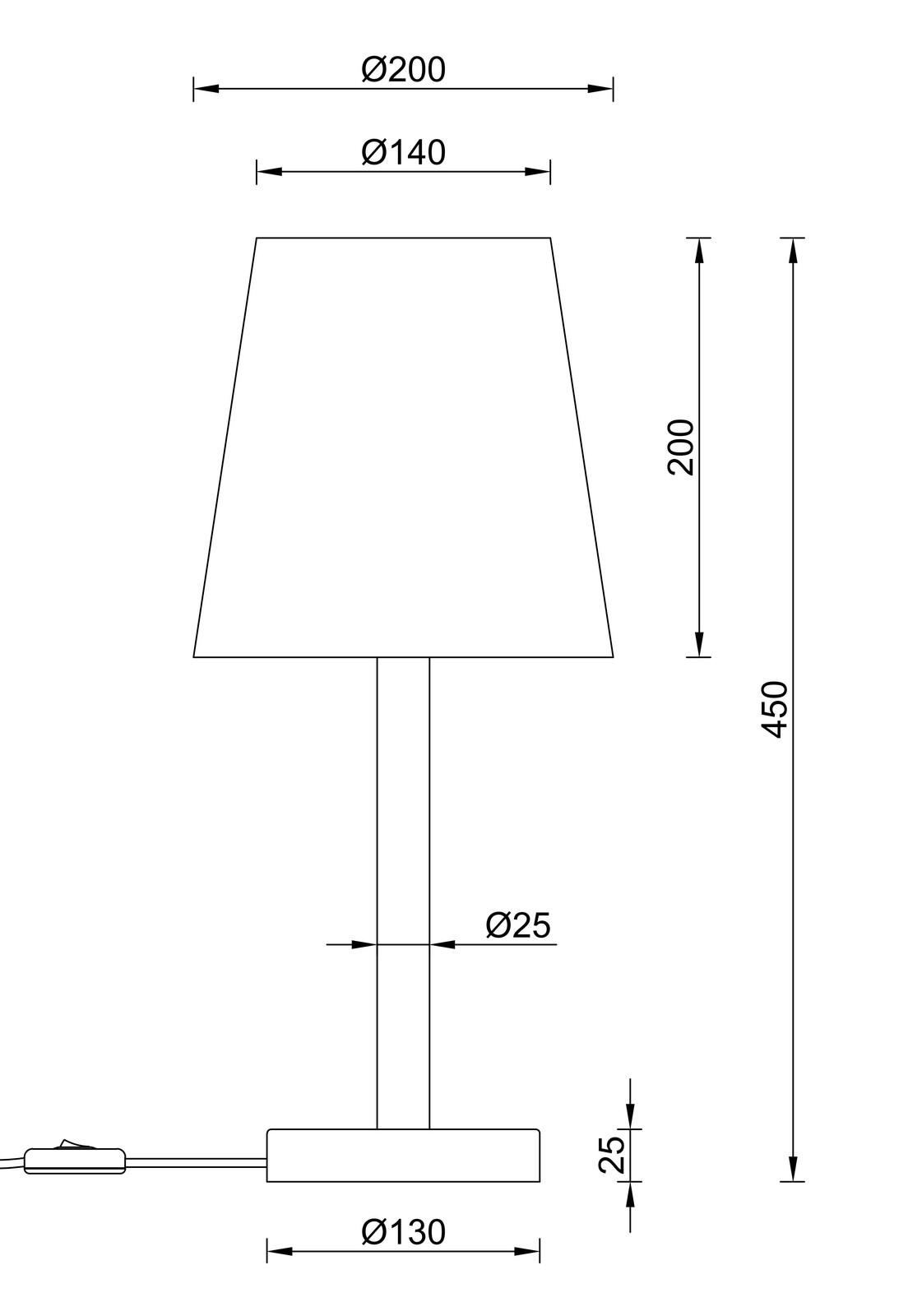 Technische Zeichnung einer Tischleuchte mit zylindrischem Sockel, schlankem Ständer und konischem Lampenschirm, Seitenansicht.