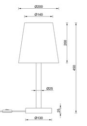 Technische Zeichnung einer Tischleuchte mit zylindrischem Sockel, schlankem Ständer und konischem Lampenschirm, Seitenansicht.