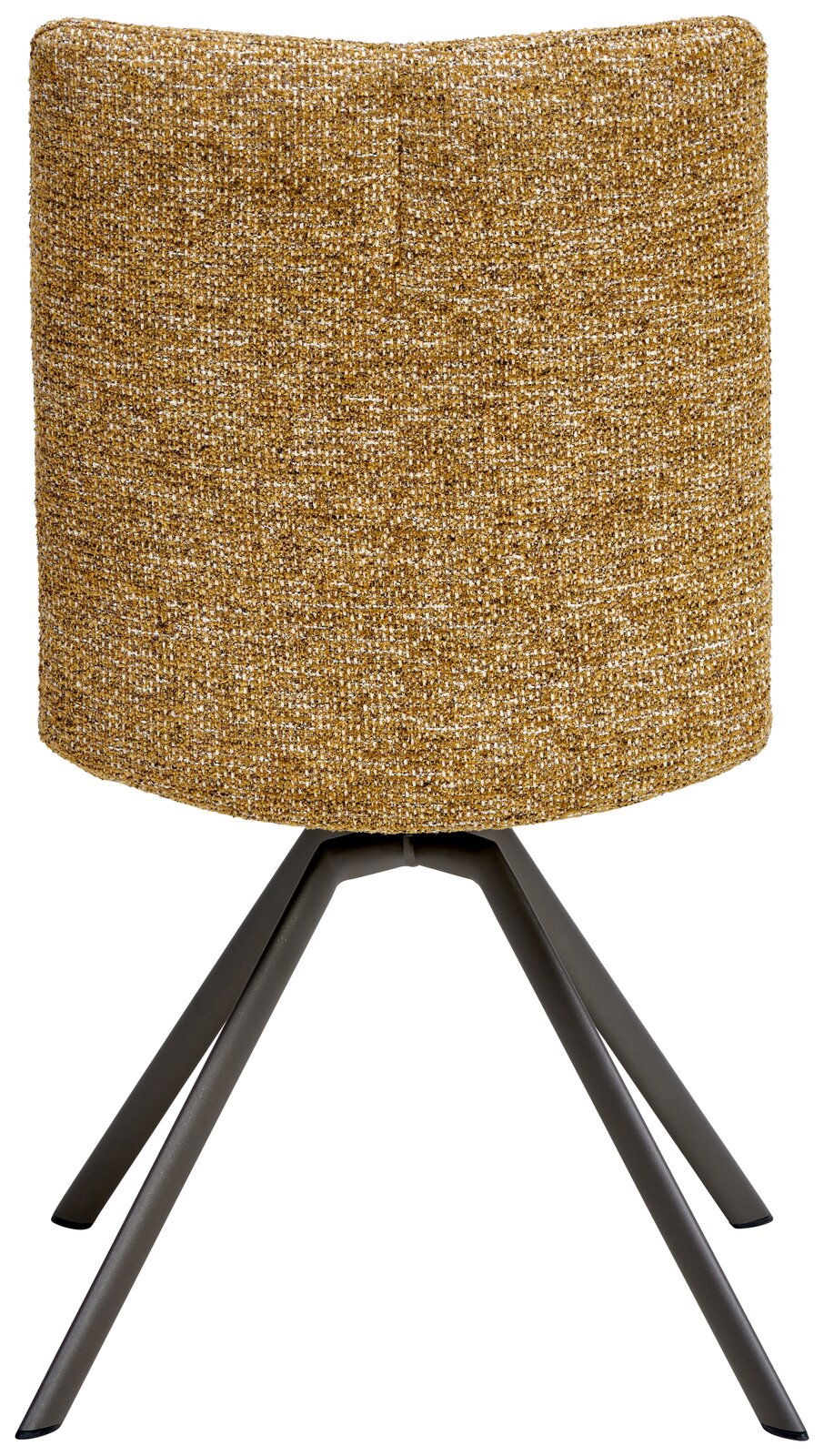 Rückansicht eines Stuhls mit senfgelbem Stoffbezug und schwarzen Metallbeinen