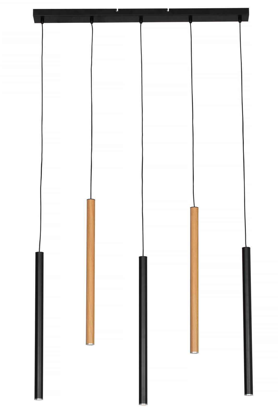 Moderne Hängeleuchte mit fünf zylindrischen Pendeln in Schwarz und Holzoptik, von vorne betrachtet.