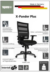 Bürostuhl X-Pander Plus mit atmungsaktiver Netzrückenlehne, höhen- und breitenverstellbaren Armlehnen, bequemem Flachsitz und Polyamid-Fußkreuz mit Teppichbodenrollen, seitliche Perspektive.