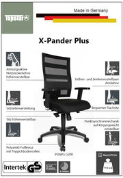 Bürostuhl X-Pander Plus mit atmungsaktiver Netzrückenlehne, höhen- und breitenverstellbaren Armlehnen, bequemem Flachsitz und Polyamid-Fußkreuz mit Teppichbodenrollen, seitliche Perspektive.