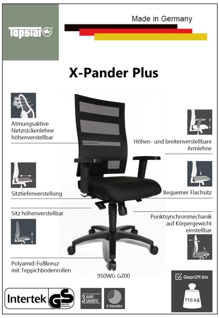 Bürostuhl X-Pander Plus mit atmungsaktiver Netzrückenlehne, höhen- und breitenverstellbaren Armlehnen, bequemem Flachsitz und Polyamid-Fußkreuz mit Teppichbodenrollen, seitliche Perspektive.