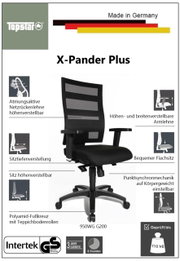 Bureaustoel X-Pander Plus met ademende rugleuning van gaas, in hoogte en breedte verstelbare armleuningen, comfortabele vlakke zitting en voetkruis van polyamide met tapijtwielen, zijaanzicht.