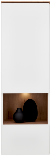 Hängevitrine in weiß mit Holzdekor, frontal fotografiert, mit zwei schwarzen Vasen im offenen Fach.