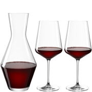 Weinset bestehend aus einer Karaffe und zwei Weingläsern, gefüllt mit Rotwein, aus der Frontalperspektive.