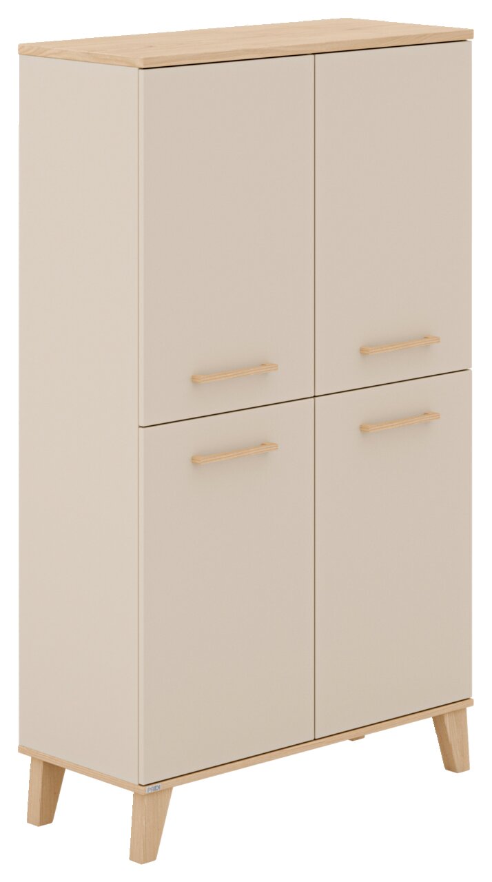 Standregal mit vier Türen in hellem Holzdesign, seitliche Perspektive