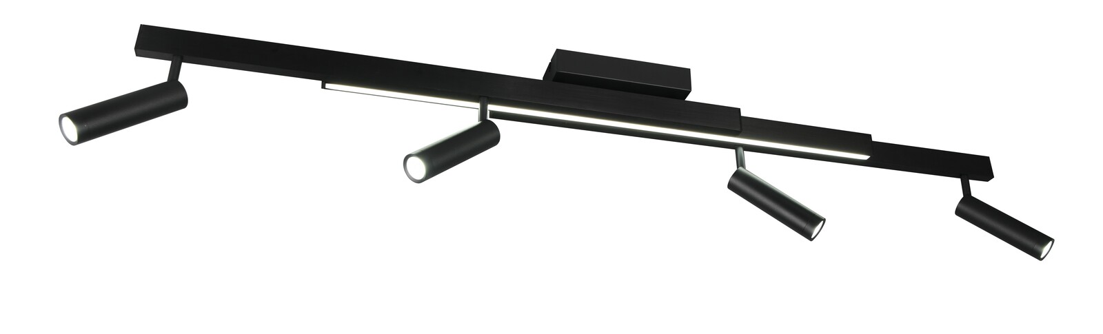 Moderne schwarze Deckenleuchte Zeno mit vier verstellbaren Strahlern, seitliche Perspektive