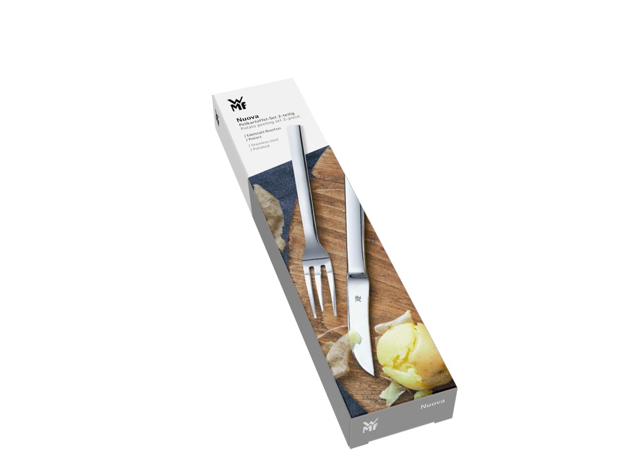 Verpackung des Pellkartoffel-Sets Nuova mit Gabel und Messer aus Edelstahl, seitliche Perspektive
