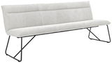 Moderne Sitzbank mit hellgrauem Stoffbezug und schwarzen Metallbeinen, seitliche Perspektive