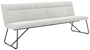 Moderne Sitzbank mit hellgrauem Stoffbezug und schwarzen Metallbeinen, seitliche Perspektive