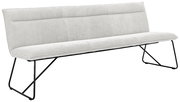 Moderne Sitzbank mit hellgrauem Stoffbezug und schwarzen Metallbeinen, seitliche Perspektive