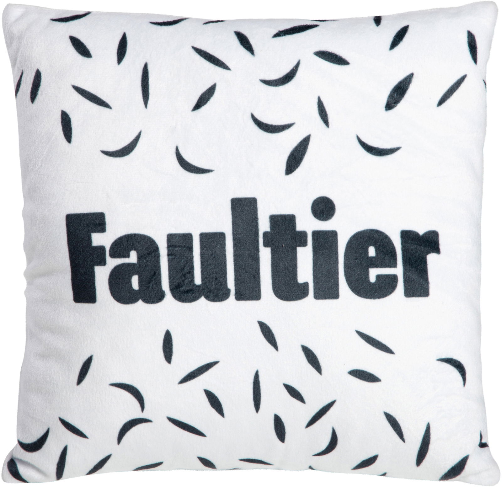 Dekokissen mit dem Schriftzug 'Faultier' und schwarzem Muster, Vorderansicht