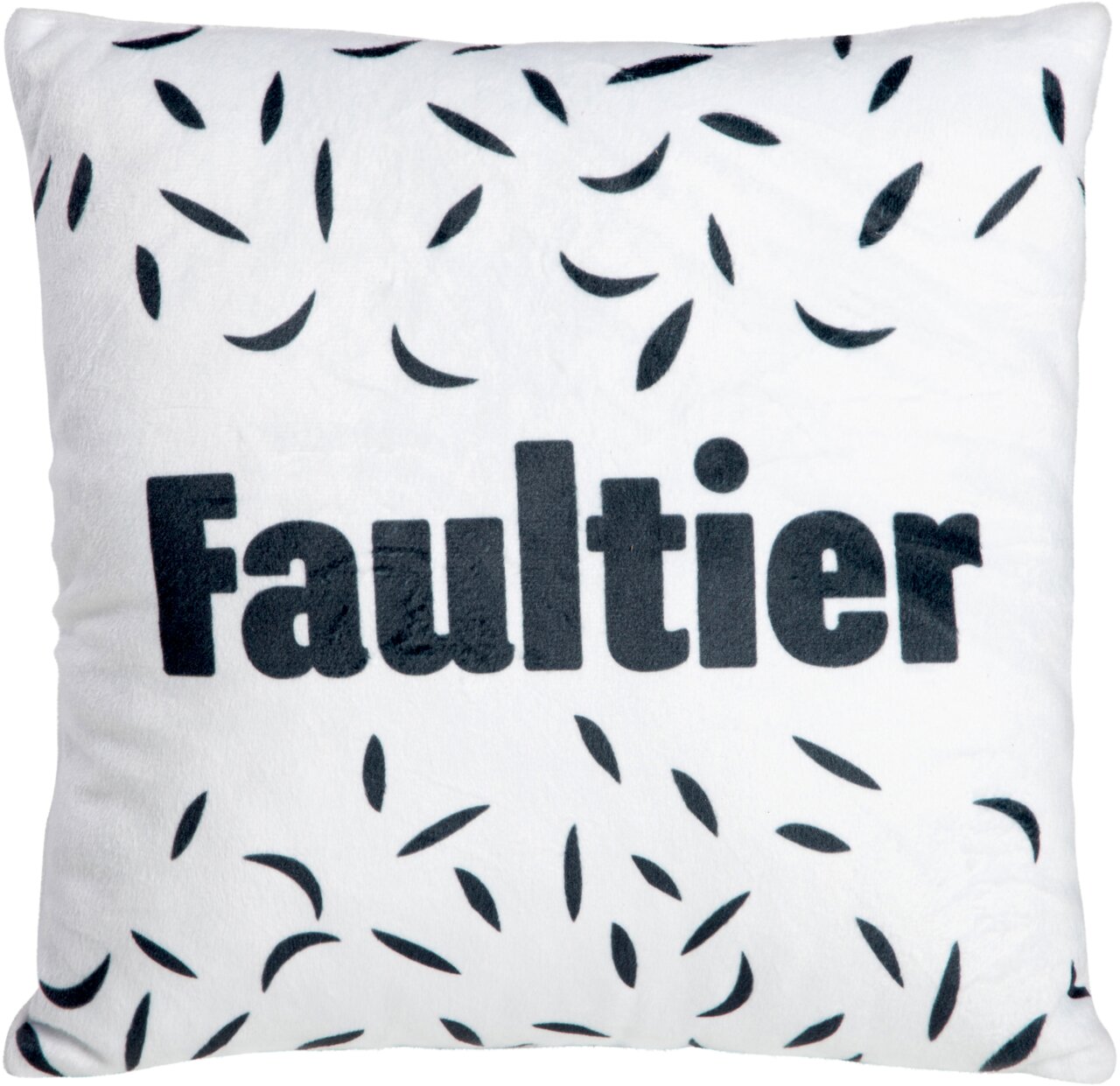 Dekokissen mit dem Schriftzug 'Faultier' und schwarzem Muster, Vorderansicht