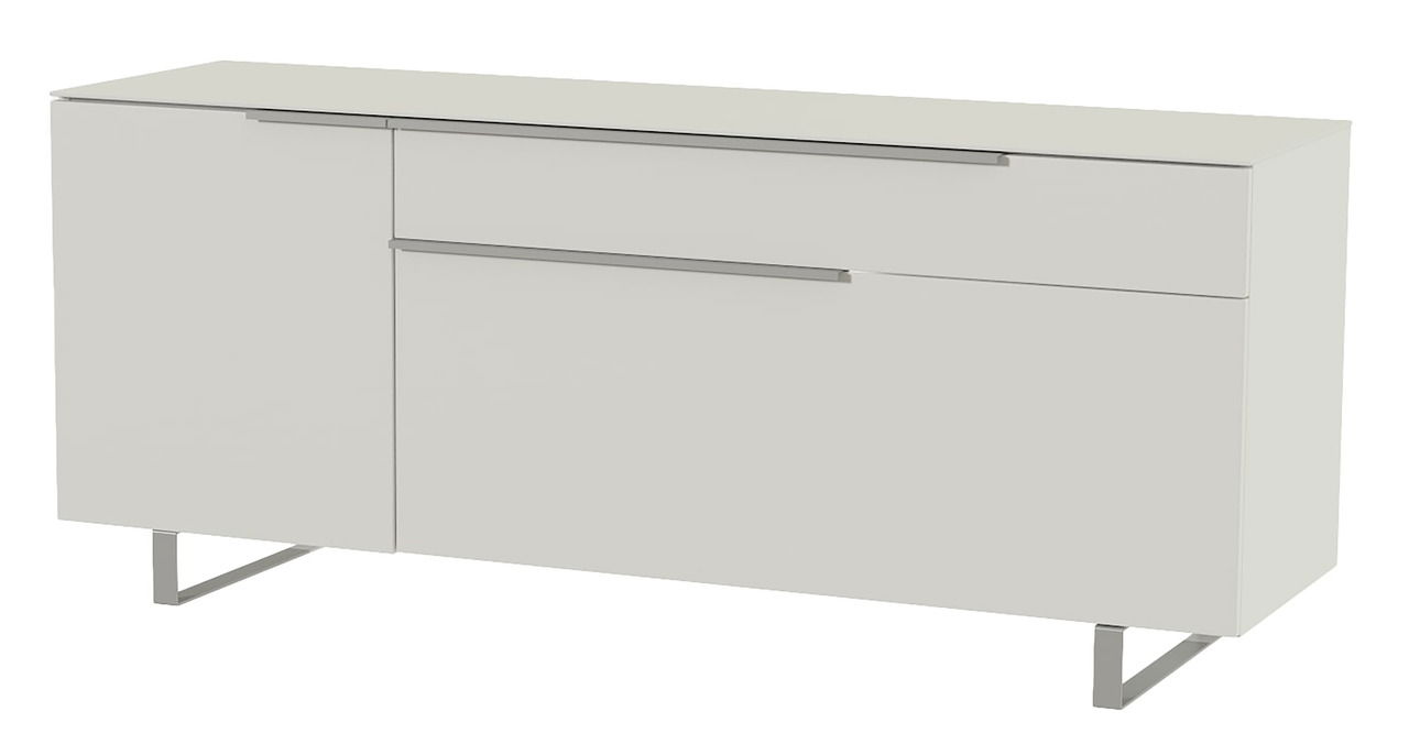 Modernes TV-Lowboard in Weiß mit zwei Türen und einer Schublade, seitliche Perspektive