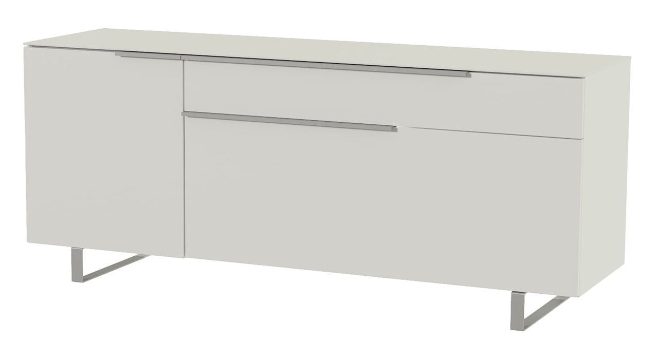 Modern tv-lowboard in wit met twee deuren en een lade, zijaanzicht