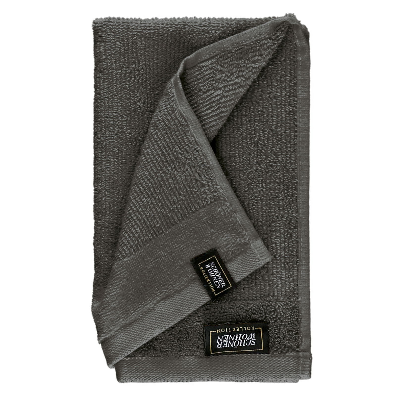 Graues Handtuchset aus Frottierstoff, gefaltet und von oben fotografiert.