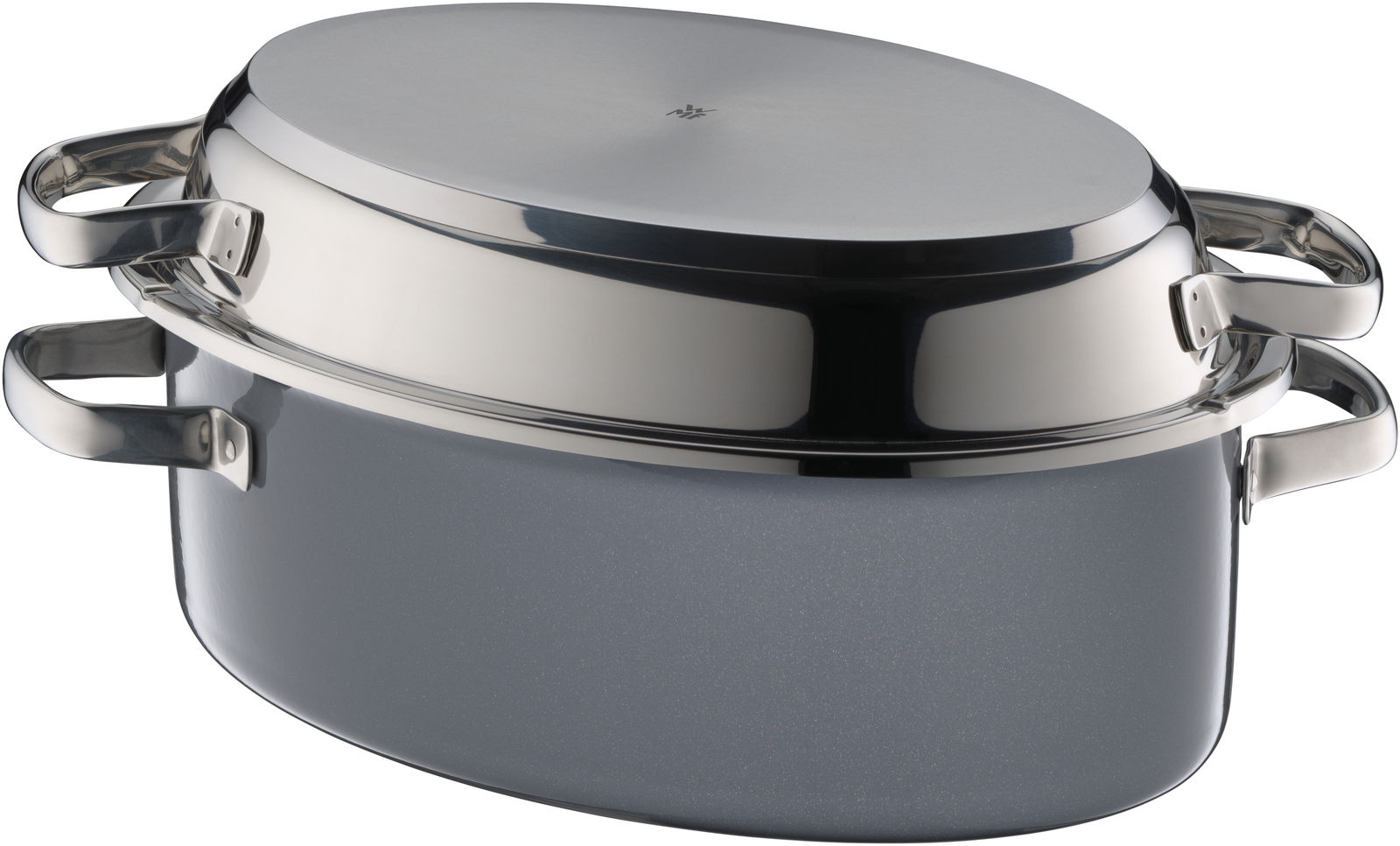 Ovaler Mehrzweckbräter aus Edelstahl mit glänzendem Deckel und seitlichen Griffen, seitliche Perspektive