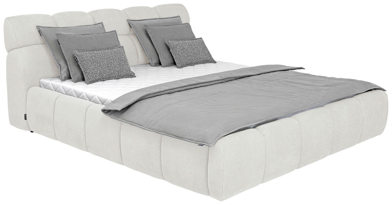 Polsterbettgestell in hellem Stoff mit grauen Kissen und Decke, seitliche Perspektive