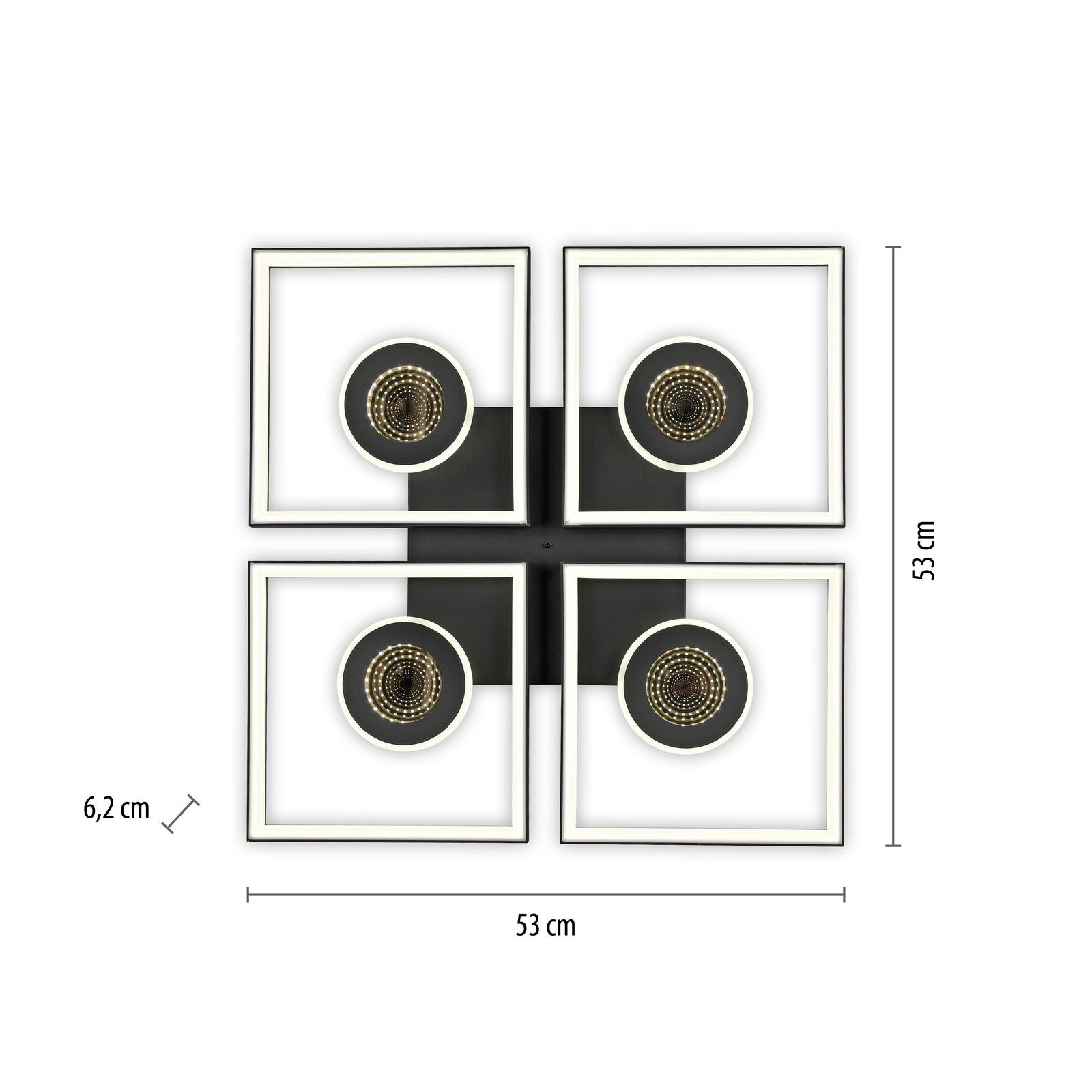 LED-Deckenleuchte TRAFORO von Paul Neuhaus, quadratisches Design mit vier Lichtelementen, Draufsicht