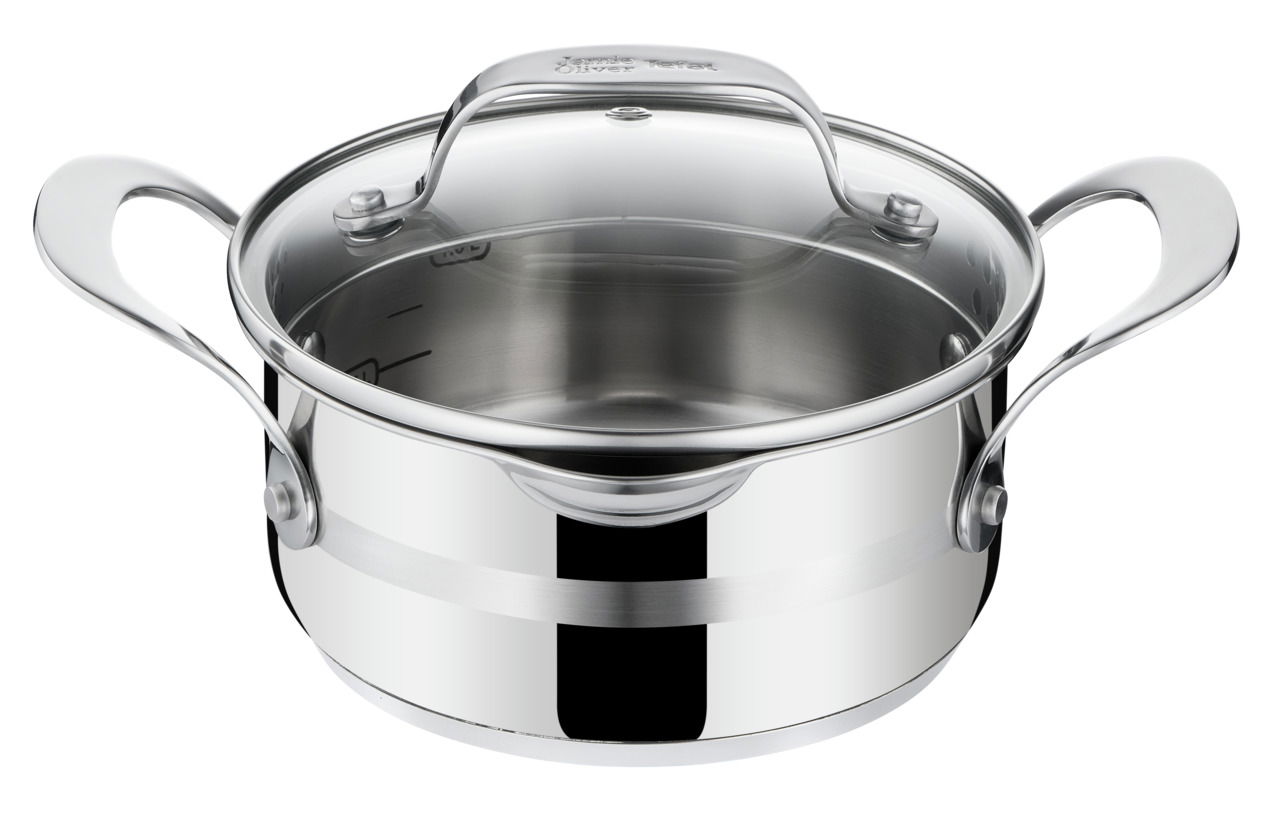 Edelstahl-Kochtopf mit Glasdeckel und zwei Griffen, seitliche Perspektive