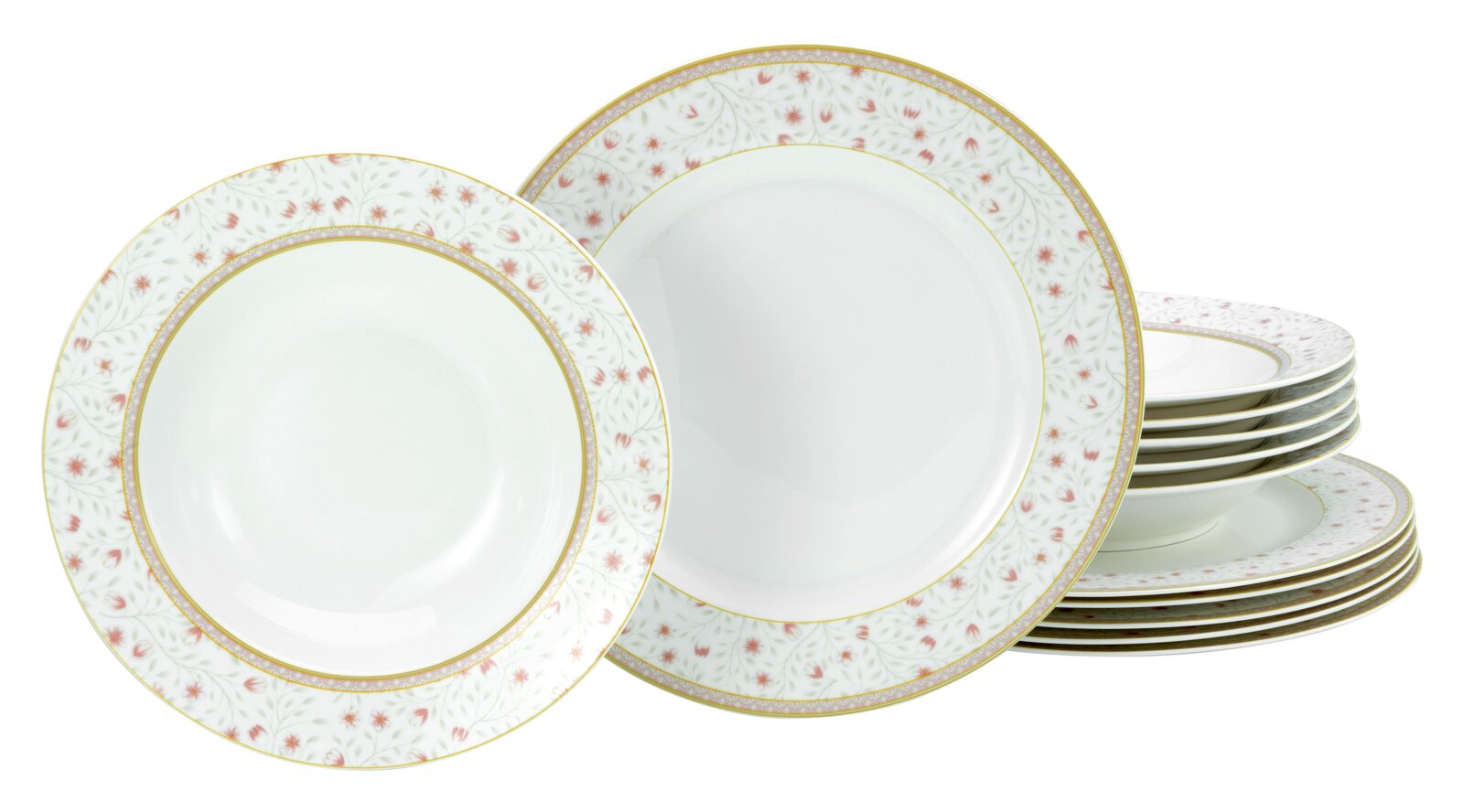 Elegantes Porzellan-Tafelservice mit weißem Grund, zartem floralem Dekor in Rosa/Grün und goldener Randverzierung; mehrere Teller und Schalen, frontal in leicht schräger Perspektive auf weißem Hintergrund.