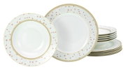 Elegantes Porzellan-Tafelservice mit weißem Grund, zartem floralem Dekor in Rosa/Grün und goldener Randverzierung; mehrere Teller und Schalen, frontal in leicht schräger Perspektive auf weißem Hintergrund.