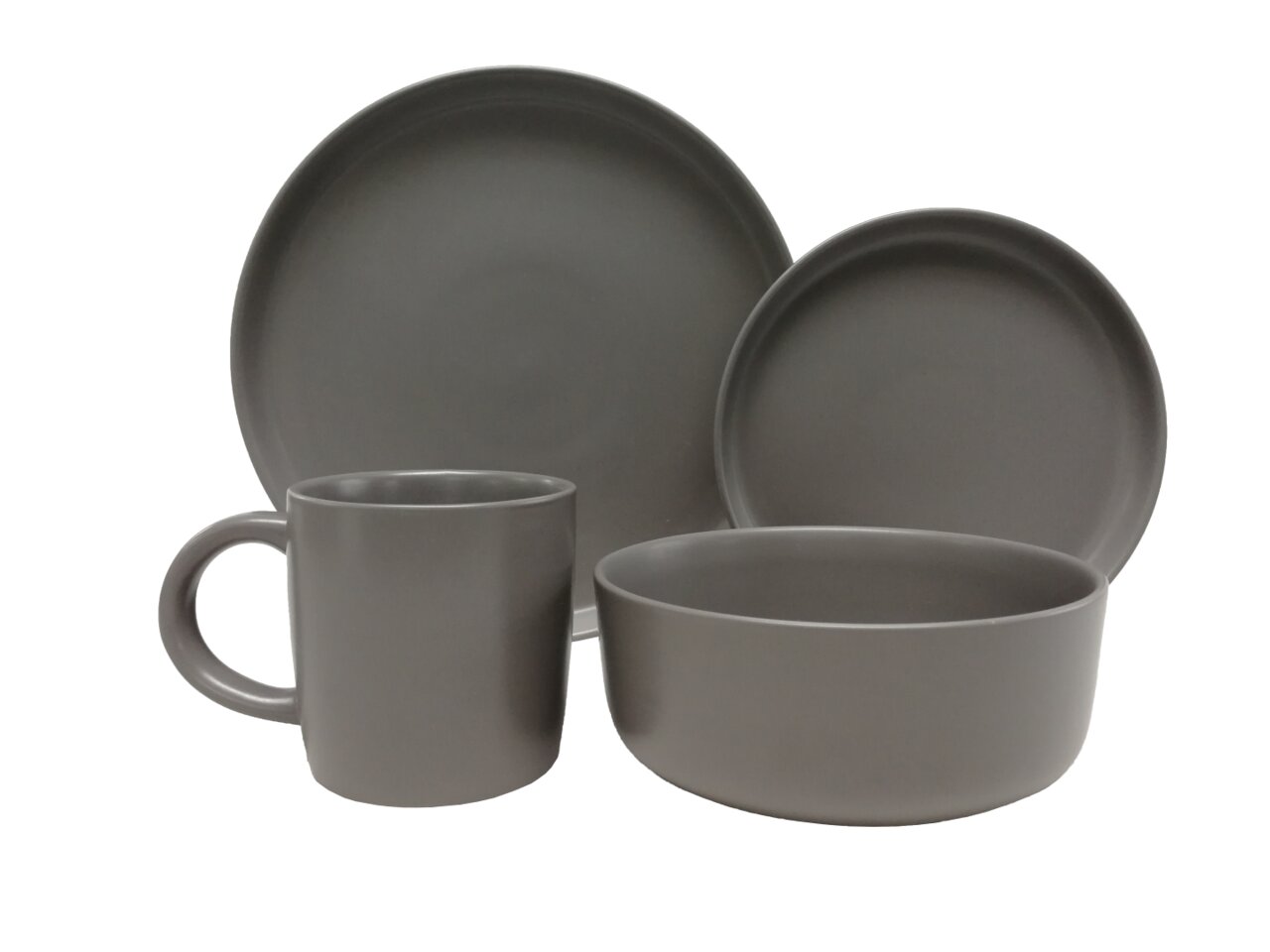 Graues Kombiservice 16-tlg. bestehend aus Teller, Schüssel und Tasse, seitliche Perspektive