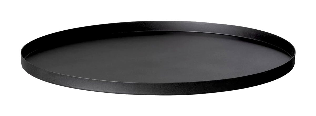 Schwarzes, rundes Tablett aus Metall, seitliche Perspektive