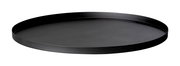 Schwarzes, rundes Tablett aus Metall, seitliche Perspektive