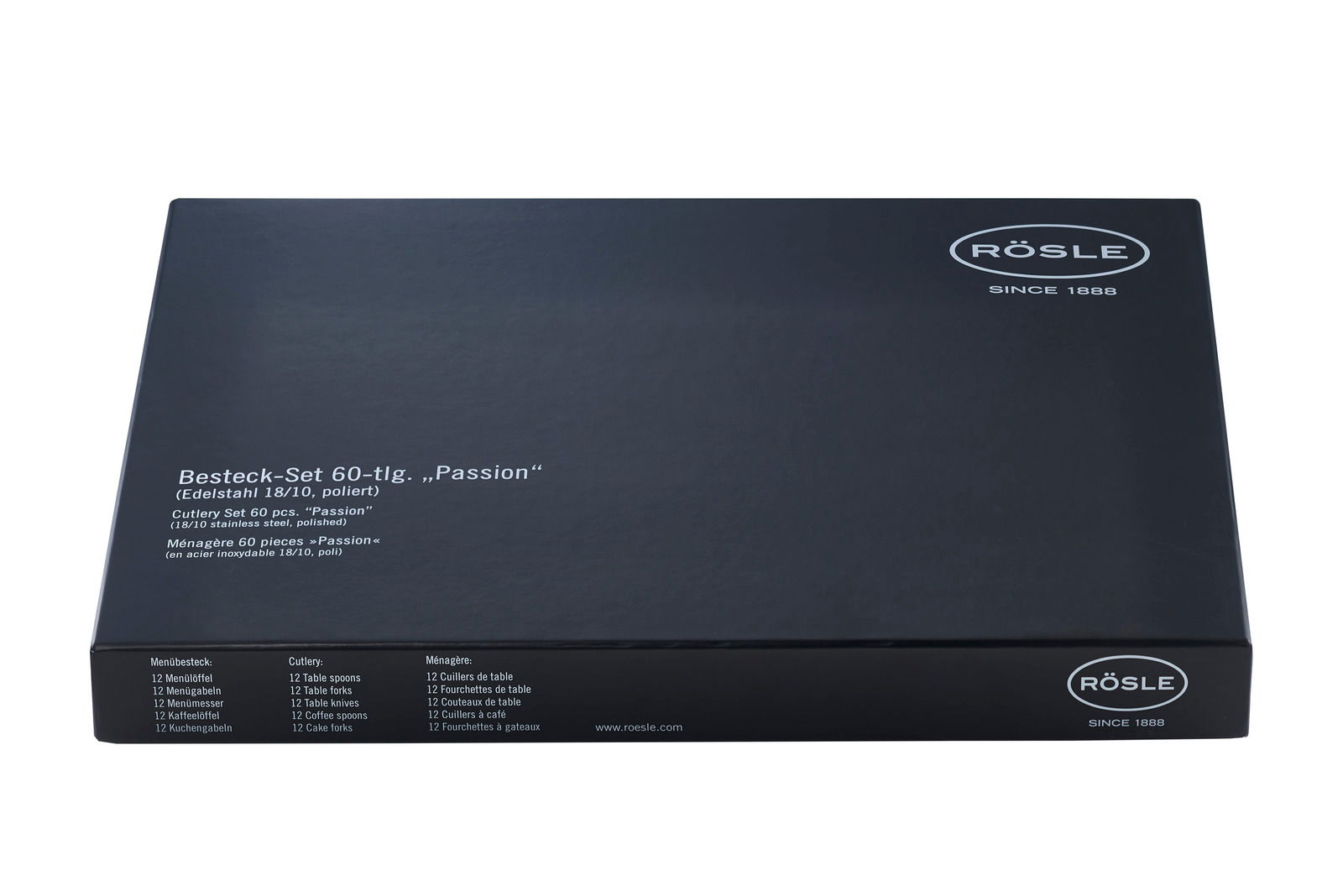 Rösle Besteck-Set Passion 60-tlg. Verpackung des Besteck-Sets Passion 60-tlg. aus poliertem Edelstahl, Vorderansicht