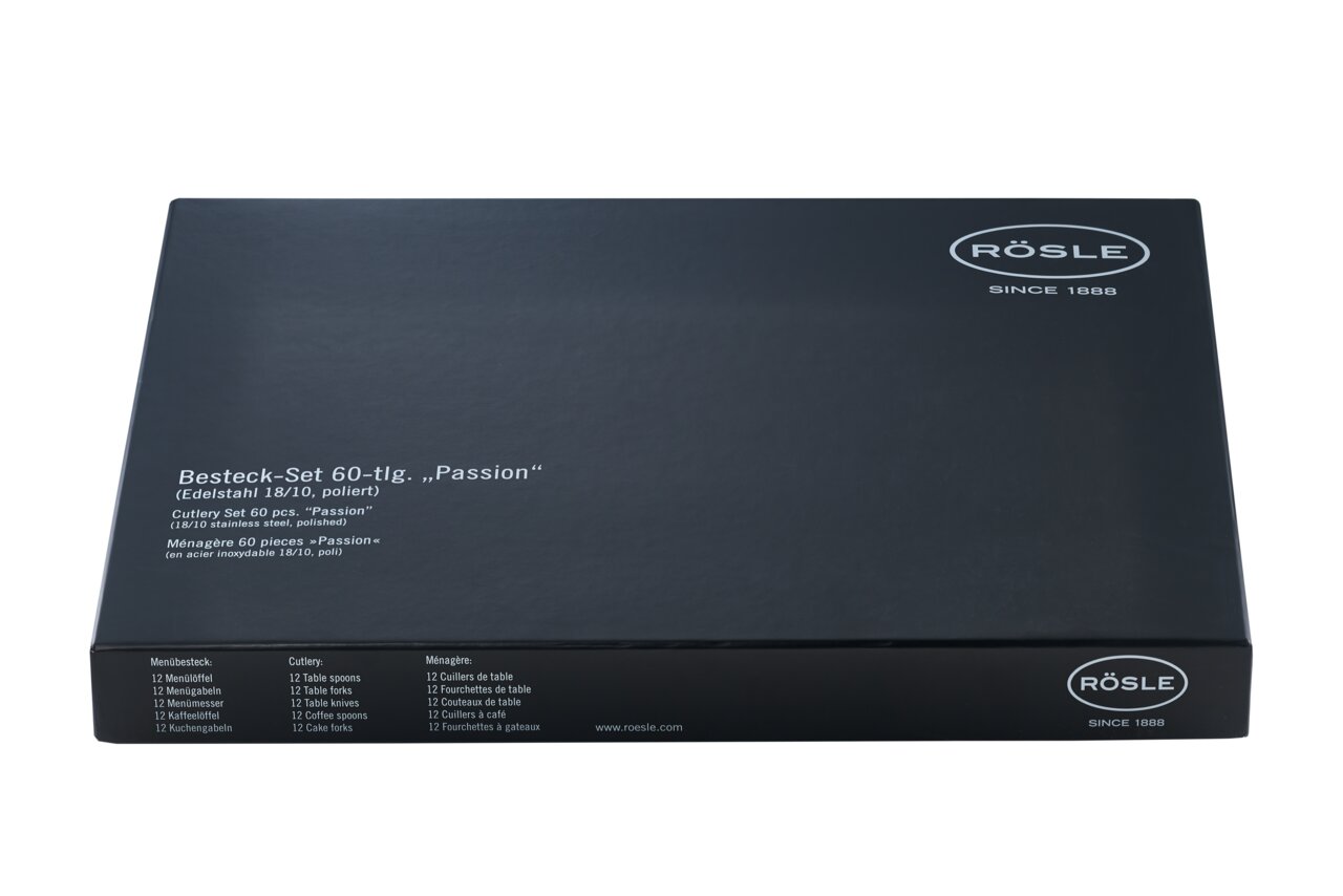Verpackung des Besteck-Sets Passion 60-tlg. aus poliertem Edelstahl, Vorderansicht