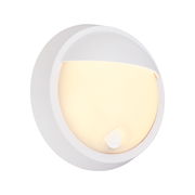 Runde, weiße Akku-Außenwandleuchte mit warmem Licht, seitliche Perspektive